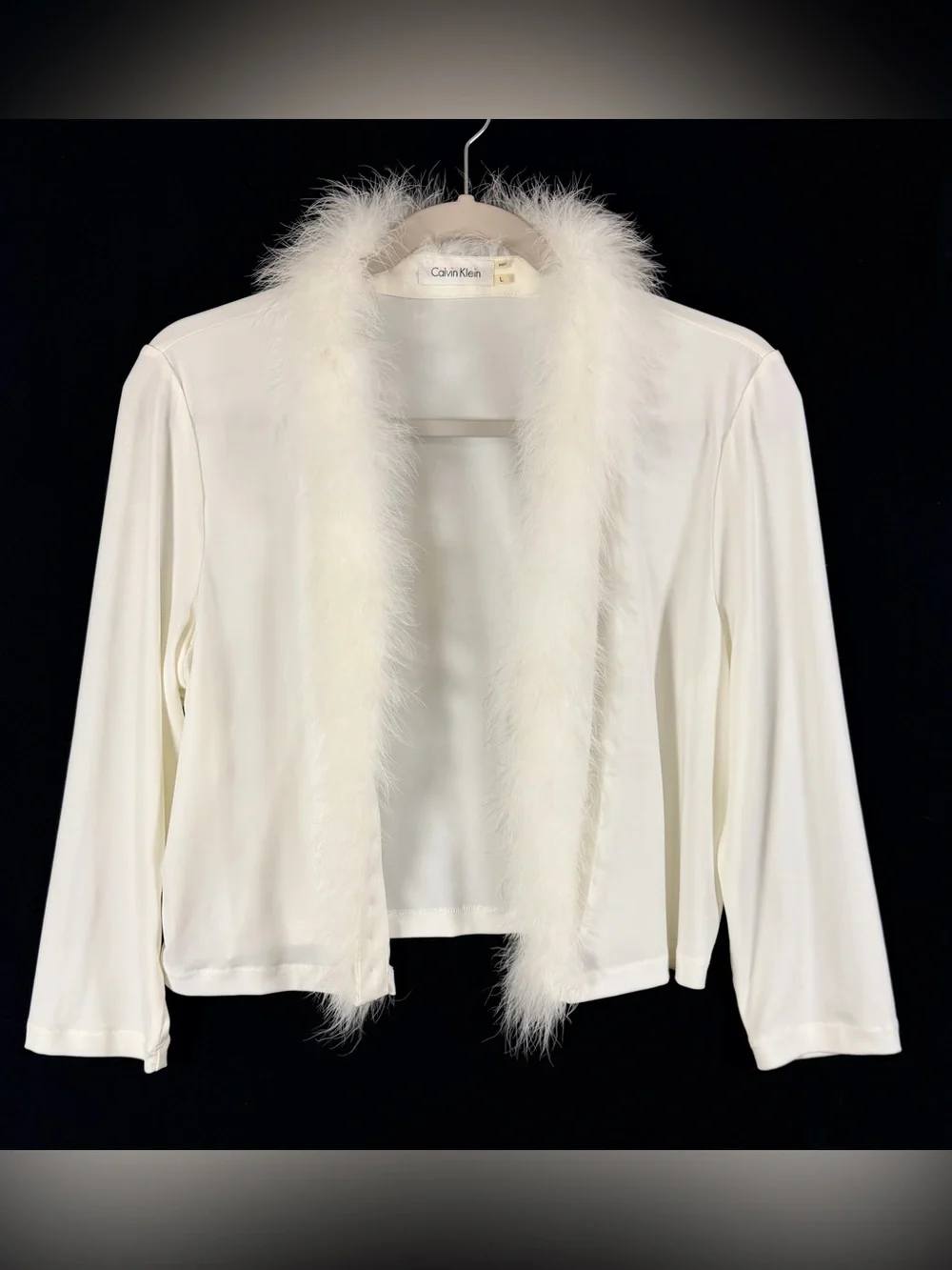 Calvin Klein Cardigan White Feather-Trim Open Front Y2K 90’s formal stretch